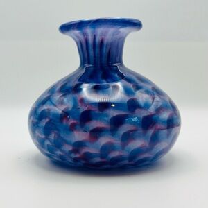 Pairpoint Hand Blown Art Glass Vase Features Blue & Purple Swirls. Mid C. Modern